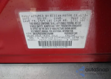 2022 Nissan Kicks Sv Xtronic Cvt z USA, uszkodzony, nr VIN 3N1CP5CVXNL516490